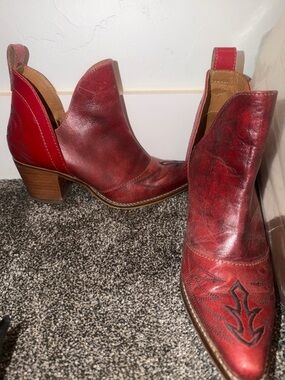 Women's Red Leather Western Ankle Boots